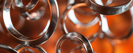 Silver rings floating in front of a burnt sienna background, creating a striking and bold appearance.の素材