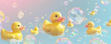 A background featuring yellow rubber ducks surrounded by floating soap bubbles on a pastel-colored background.の素材