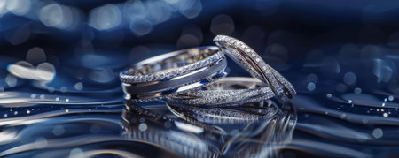 Platinum rings floating in front of a navy blue background, adding depth and sophistication.の素材