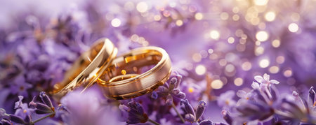 Gold rings floating in front of a lavender background, creating a soft and luxurious feel.の素材