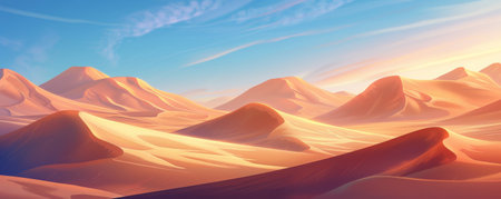 A dramatic desert landscape backdrop with towering sand dunes, a clear blue sky, and a glowing sunset, ideal for a bold and adventurous atmosphere.の素材