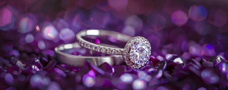 Platinum rings floating in front of a purple background, adding a royal and sophisticated touch.の素材