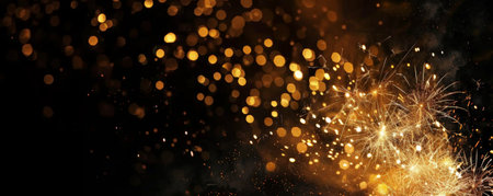 Golden fireworks creating sparkling trails in the night, with a clear area in the lower part of the image for copy space.の素材