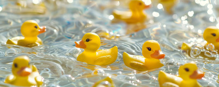 A background filled with yellow rubber ducks swimming in clear water with gentle ripples, creating a calming and fun scene.の素材