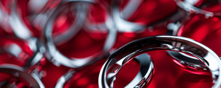 Silver rings floating in front of a crimson background, creating a striking and bold appearance.の素材
