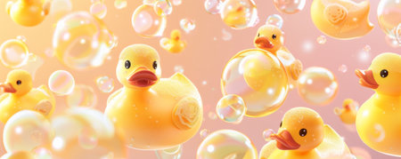 A background featuring yellow rubber ducks surrounded by floating soap bubbles on a pastel-colored background.の素材