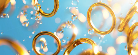 Gold rings floating in front of a sky blue background, evoking a sense of luxury and tranquility.の素材