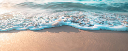 A calm beach background with soft sand and gentle waves, ideal for a peaceful and relaxing atmosphere.の素材