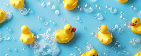 A background with yellow rubber ducks floating in a sea of bubbles on a light blue background, evoking a sense of fun and cleanliness.の素材
