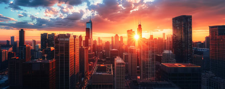 A dramatic city skyline backdrop with tall buildings, a glowing sunset, and a vibrant atmosphere, perfect for an energetic and dynamic setting.の素材