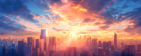 A dramatic city skyline background with tall buildings, a glowing sunset, and a vibrant atmosphere, perfect for an energetic and dynamic setting.の素材