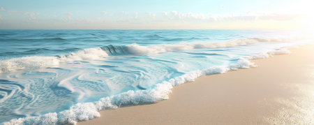 A calm beach backdrop with soft sand and gentle waves, ideal for a peaceful and relaxing atmosphere.の素材