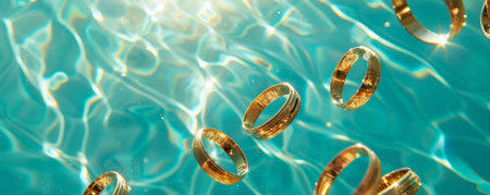 Gold rings floating in front of a turquoise background, evoking a sense of luxury and relaxation.の素材