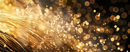 Golden fireworks creating sparkling trails in the night, with a clear area in the lower part of the image for copy space.の素材