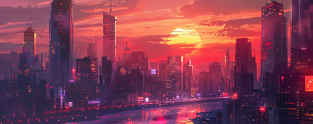 A bustling city skyline background with tall skyscrapers and a vibrant sunset, creating an energetic and dynamic scene.の素材