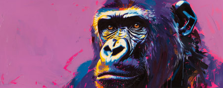 A striking painting of a gorilla against a vibrant plum background, emphasizing the gorilla's powerful build and expressive eyes.の素材