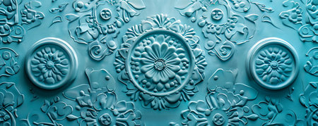 A beautifully patterned cyan paper backdrop, featuring intricate designs and textures, perfect for crafting or decorative projects.の素材