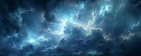A dramatic stormy sky background with dark clouds and flashes of lightning, creating a powerful and intense atmosphere.の素材