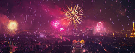 Vibrant fireworks in pink and yellow lighting up the sky, with a large dark area below for copy space.の素材