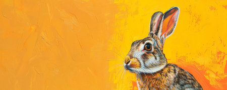 An intricate painting of a rabbit against a vibrant yellow background, showing the rabbit's delicate fur and curious expression.の素材