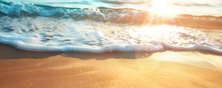 A tranquil beach background with soft sand, gentle waves, and a bright sun, perfect for a relaxing and serene setting.の素材