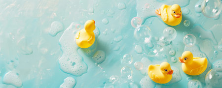 A playful background with yellow rubber ducks swimming amidst bubbles on a light aqua background, evoking a sense of joy and fun.の素材