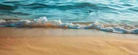 A calm beach background with soft sand and gentle waves, ideal for a peaceful and relaxing atmosphere.の素材