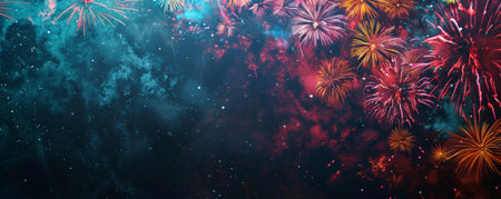 A colorful array of fireworks lighting up the night, with a dark bottom section for copy space.の素材