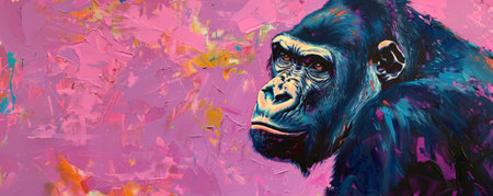 A striking painting of a gorilla against a vibrant plum background, emphasizing the gorilla's powerful build and expressive eyes.の素材
