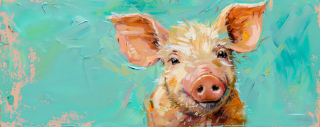 A delightful painting of a piglet on a vibrant mint background, highlighting the piglet's cute snout and playful demeanor.の素材