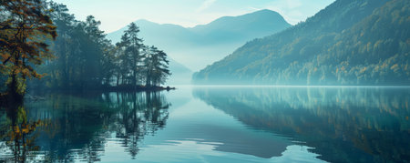 A tranquil lake background with still waters and a clear reflection of the surrounding trees and mountains, perfect for a serene and peaceful setting.の素材