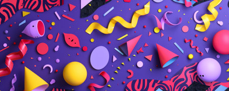 A fun and festive end-of-the-week greeting on a vibrant violet surface, with dynamic patterns and colorful elements.の素材