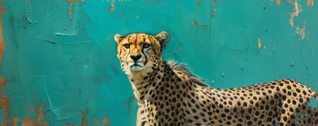 A striking painting of a cheetah against a vibrant aquamarine background, highlighting the cheetah's sleek body and intense eyes.の素材