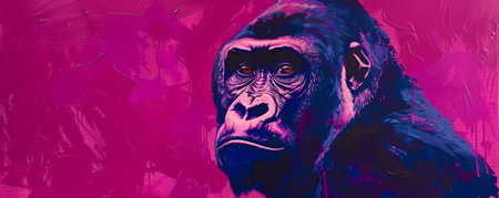 A striking painting of a gorilla against a vibrant plum background, emphasizing the gorilla's powerful build and expressive eyes.の素材