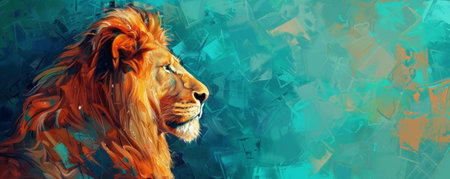 A majestic painting of a lion on a vibrant teal background, emphasizing the lion's regal mane and powerful presence.の素材