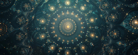 A dark background with intricate, glowing mandala patterns, creating a mystical and enchanting atmosphere.の素材