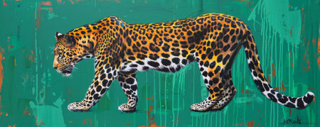 A vivid painting of a leopard against a vibrant emerald background, showing the leopard's striking spots and graceful stance.の素材
