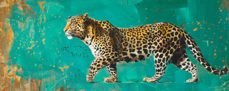 A vivid painting of a leopard against a vibrant emerald background, showing the leopard's striking spots and graceful stance.の素材