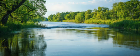 A serene river backdrop with calm waters and lush green banks, creating a peaceful and natural setting.の素材