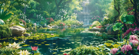 A peaceful garden backdrop with blooming flowers, lush greenery, and a serene pond, ideal for a tranquil and relaxing atmosphere.の素材