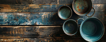 Top view of vintage enamel metal tableware set against a rustic wood backdrop. The worn texture of the wood complements the antique appearance of the tableware.の素材