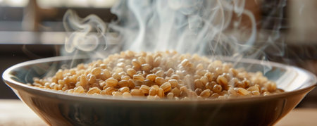A close-up of cooked barley groats in a bowl, with steam rising, set against a cozy kitchen background.の素材