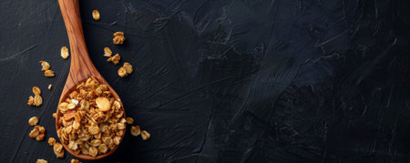 A close-up of a wooden spoon filled with granola cereal, against a dark background to highlight its texture and ingredients.の素材