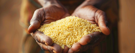 A close-up of hands holding couscous, emphasizing the natural grains and their texture.の素材