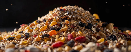 A close-up of a heap of mixed cereals, highlighting the different shapes, textures, and colors against a dark background.の素材