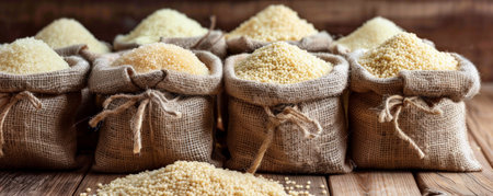 A collection of couscous in burlap sacks, arranged neatly on a wooden table.の素材