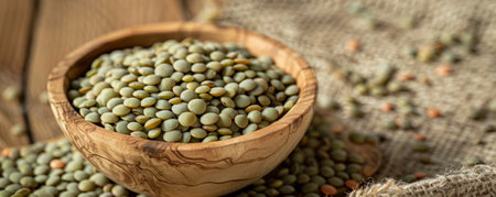 A close-up of green lentils in a wooden bowl, placed on a rustic tablecloth to highlight their natural look and texture.の素材