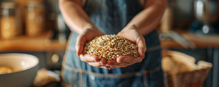 A close-up of hands holding a pile of pearl barley, with a rustic kitchen in the background.の素材