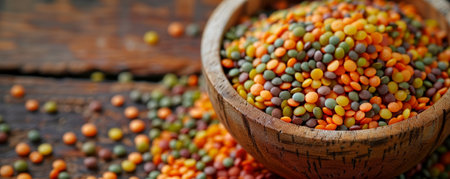 A close-up view of a wooden bowl filled with colorful lentils, showing their vibrant hues and natural texture on a rustic wooden background.の素材