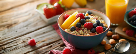 A breakfast scene with a bowl of quinoa cereal, topped with fresh fruits and nuts, set on a rustic table.の素材